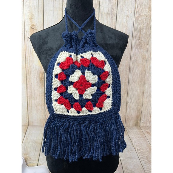 Handmade Handbags - Vtg Handmade Crochet Purse Granny Square Drawstring Fringe Red White Blue Boho